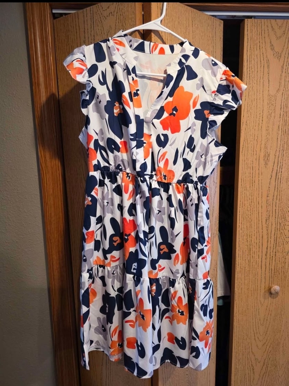 Womens White Floral Tiered Dress with Navy & Orange Prints